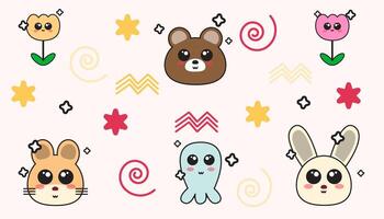 Cute character backgrounds of bears, cats, rabbits, octopuses, flowers and hamsters vector