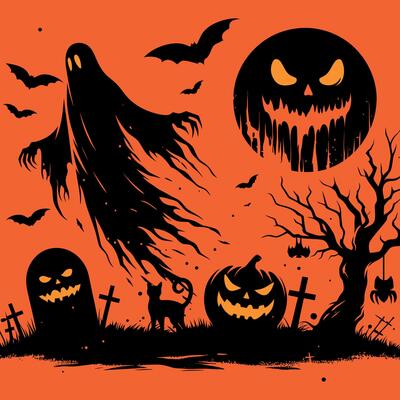 Halloween horror night with big ghost and bats flying on the sky big horror moon pumpkin cat tree and cross background illustration