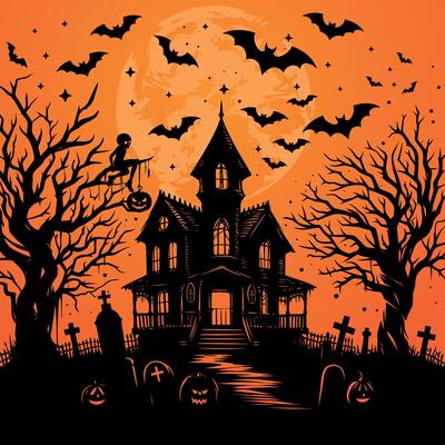 Halloween horror old house big tree flying bats big moon in the sky Halloween night silhouette background illustration