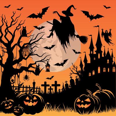 Halloween horror night with a ghost house flying ghost, big moon in the sky, pumpkins, tree, owl sitting on the tree branch and crosses background illustration