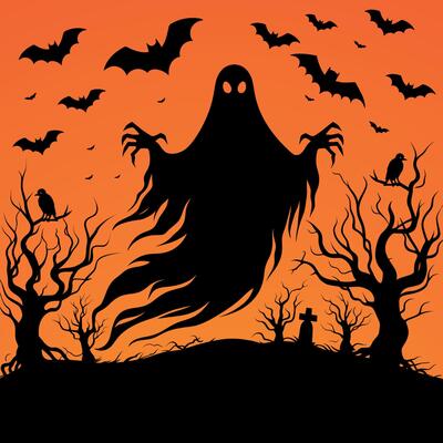 Halloween ghost flying Halloween tree with birds and flying bats horror night background illustration
