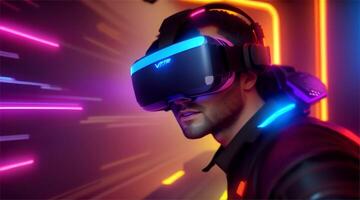 Man wearing VR headset and neon lights video