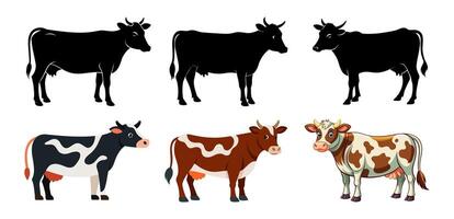 Set of cows isolated on a white background. Colorful illustrations and black silhouettes. Concept of farm animals, livestock, cute cartoon cows. Print, icon, design element. vector