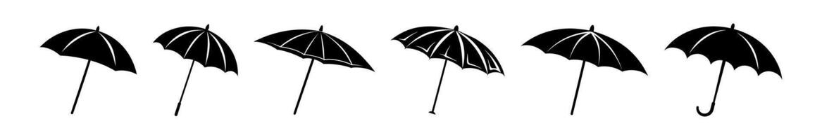 Set of black silhouette umbrellas isolated on a white background. Concept of rainy weather, umbrella illustration, protection, minimalist style. Print, icon, design element vector