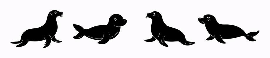 Black silhouette of seals in various poses isolated on a white background. Concept of marine animals, cute seals, minimalist style, underwater life. Print, icon, design element vector