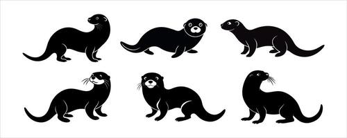 Black silhouette of sea otters isolated on a white background. Concept of marine animal illustration, cute otter, minimalist style, aquatic wildlife. Print, icon, design element vector