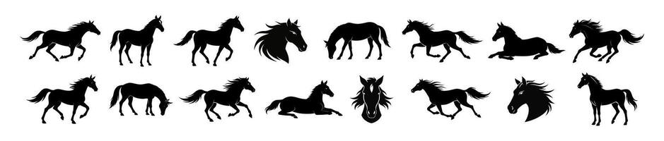 Black Silhouettes of Horses in Various Poses Isolated on White Background. Concept of Equine Illustrations, Wild Mustangs, Equestrian Icons, Farm Animals, Minimalist Design Elements. vector
