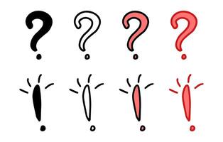 Set of question marks and exclamation marks featuring colored illustrations, black silhouette, black outline versions. Isolated on white background. Concept of communication, punctuation, emphasis. vector
