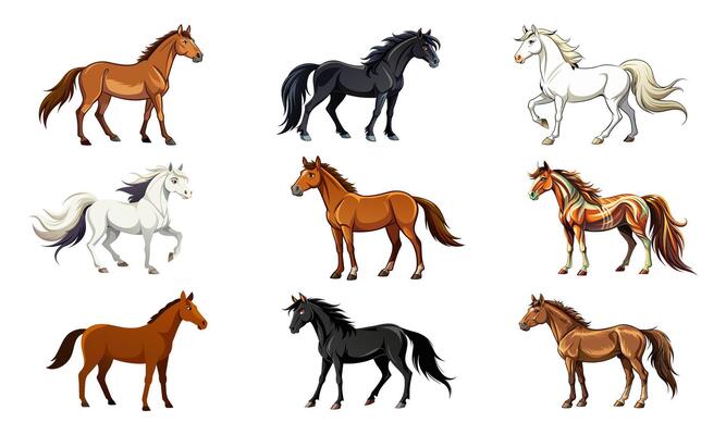 Set of various cartoon horses isolated on white background. Concepts of farm animals, horse breeds, cute illustrations, wild mustangs, livestock. Print, icon, design elements.
