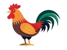 Colorful illustration of a rooster with vibrant feathers isolated on a white background. Concept of farm animals, domestic bird, poultry, and rustic countryside charm. Print, icon, design element vector