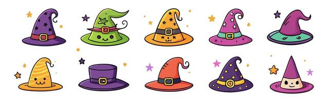 Set of Witch hats isolated on a white background. Wizard pointed hats. Concept of Halloween accessory, festive gear, whimsical costume element, magical attire. Print, design element vector
