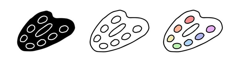 Set of artist palette icons featuring colored illustration, black silhouette, and black outline with paint spots, isolated on a white background. Concept of art, creativity, painting. Design elements. vector