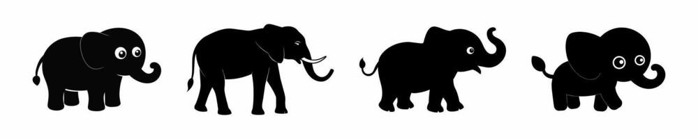 Black Silhouettes of Elephants Isolated on a White Background. Concept of Wildlife Illustration, Animal Icons, Minimalist Style, Cute Baby Elephants, Print Design Elements. vector