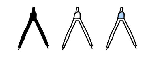 Set of compass icons featuring colored illustration, black silhouette, and black outline, isolated on a white background. Concept of geometry, drawing tools, and precision. Design elements. vector