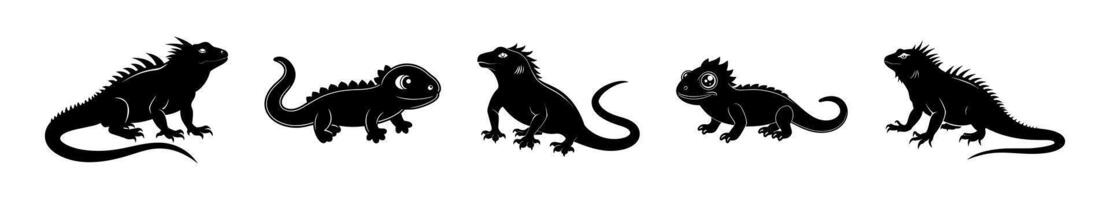 Black silhouette of iguanas isolated on a white background. Concept of reptile illustration, exotic animals, minimalist style, wild creatures. Print, icon, design element vector
