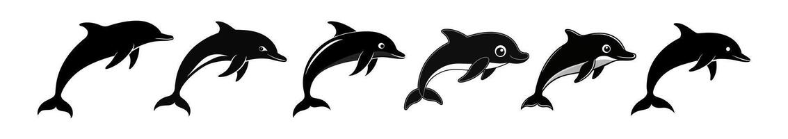 Collection of black dolphin silhouettes and cartoon illustrations on white background. Concept of marine life, aquatic animals, playful dolphins, ocean creatures. Print, icon, design element. vector