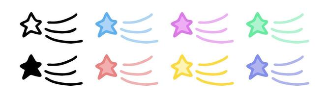 Set of shooting star icons featuring colored illustrations, black silhouette, black outline, isolated on a white background. Concept of success, aspiration, abstract cosmic element. Design elements. vector