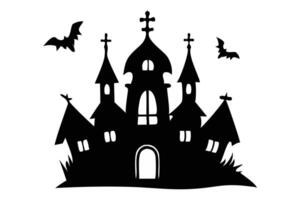 Black silhouette of haunted house with bats isolated on a white background. Halloween design vector