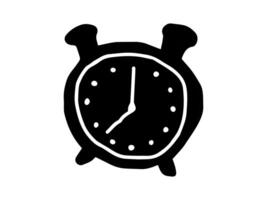 Black silhouette hand drawing of a classic alarm clock on white background. Concept of timekeeping, minimalist design, vintage style, illustration. Icon, print, design element. vector