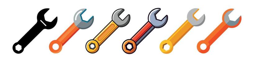 Set of colorful wrenches isolated on white background. Concept of hand tools, repair instruments, DIY, adjustable spanners. Icons, illustrations, elements for construction and mechanics vector