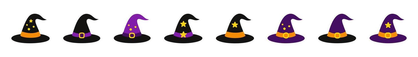 Set of various witch hats isolated on a white background. Wizard pointed hats. Concept of Halloween, festive icon, minimalist style, magic accessory. Print, icon, design element. Clip art vector