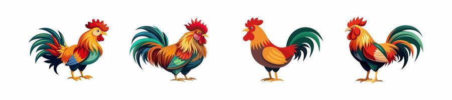 Set of four roosters in different poses isolated on a white background. Concept of farm animals, vibrant feathers, rooster designs, chicken farming, cute birds. Print, icon, design element vector