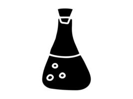 Black silhouette of chemistry flask with bubbles isolated on white background. Concept of laboratory equipment, science education, chemical experiment, minimalist design. Icon, school, study element. vector