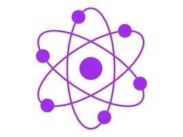 Purple silhouette of an atom with orbiting electrons isolated on a white background. Concept of science, physics, atomic structure, minimalism. Icon, symbol, design element. vector