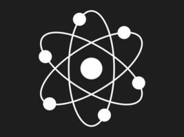 White silhouette of an atom with orbiting electrons isolated on a black background. Concept of science, physics, atomic structure, minimalism. Icon, symbol, design element. vector