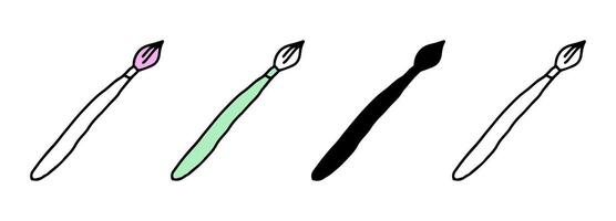 Set of paintbrush icons featuring colored illustrations, black silhouette, and black outline, isolated on a white background. Concept of art, creativity, and painting. Design elements. vector