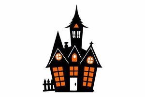 Black silhouette of a haunted house with glowing windows isolated on a white background. Concept of Halloween, spooky mansion, ghost house vector