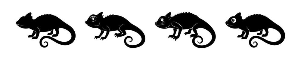 Black silhouette of a chameleon set isolated on a white background. Concept of reptile illustration, exotic animal, minimalist style, unique design, nature icons, pet print, design elements. vector