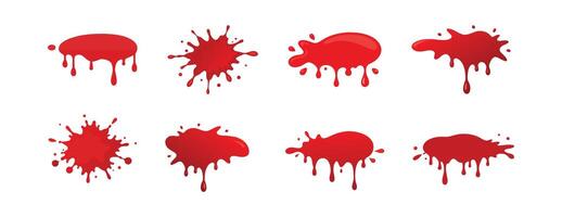 Set of Various Red Blood Stains or Paint Blots Isolated on White Background. Concept of Blood Drips, Splashes, Liquid Effects for Halloween, Crime Scenes, Graphic Design Elements vector