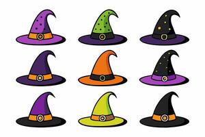 Set of various Witch hats isolated on a white background. Wizard pointed hats. Concept of Witchcraft Accessory, Magical Costume Element, Halloween Illustration. Print, design element. Clip art vector