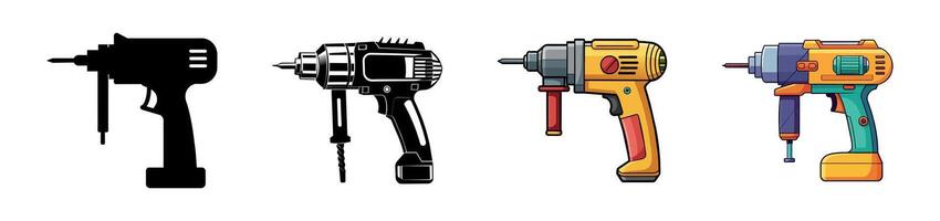 Collection of Various Drills in Different Styles and Colors. Colorful illustrations and black silhouettes. Concept of Construction Tools, Hand Equipment, Detailed Design Elements vector