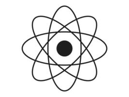 Black silhouette of an atom icon isolated on a white background. Concept of science illustration, atomic model, minimalist style, physics symbol. Print, design element, educational graphic. vector