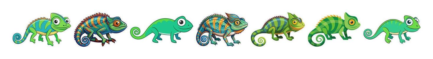 Set of colorful cartoon chameleons isolated on a white background. Concepts of reptiles, cute animals, jungle creatures, and playful illustrations. Perfect for children's designs, prints. vector