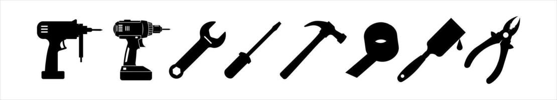 Black silhouettes of various tools isolated on a white background. Concept of hand tools illustration, construction equipment, hardware set, DIY tools. Print, icon, design element vector