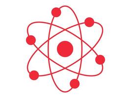 Red silhouette of an atom with orbiting electrons isolated on a white background. Concept of science, physics, atomic structure, minimalism. Icon, symbol, design element. vector
