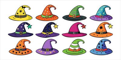 Set of Witch hats isolated on a white background. Wizard pointed hats. Concept of Magic Accessory, Halloween, Fantasy Garment, Colorful Illustration. Print, design elements. vector