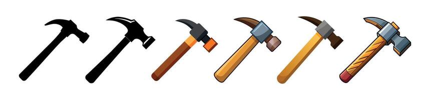 Colorful and Black Silhouettes of Hammers Isolated on a White Background. Concept of Hand Tools Illustration, Construction Equipment, and DIY Projects. Print, Icon, Design Elements vector