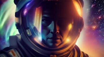 An astronaut in space with a colorful background video