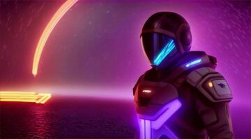A futuristic man in neon lights standing in front of a purple and red background video