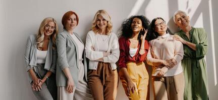 Multi-ethnic group of relaxed mature women bonding and smiling while leaning on the wall photo