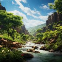 Indian landscape. River flows through a lush green valley with a mountain in the background. The water is crystal clear and the trees are full of life. The scene is peaceful and serene. . photo