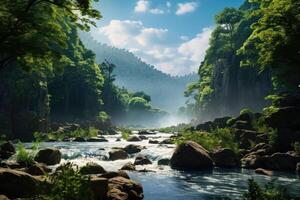 Indian landscape. Lush green forest with a river running through it. The water is clear and calm, and the trees are tall and leafy. The scene is peaceful and serene. . photo