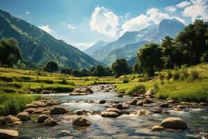 River flows through lush green valley with backdrop of mountains. Indian landscape. Water is crystal clear and surrounding trees are tall and green. Peaceful and serene scene. . photo