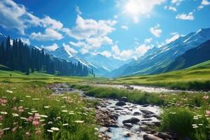 River flows through lush green valley with backdrop of mountains. Indian landscape. Water is crystal clear and surrounding trees are tall and green. Peaceful and serene scene. . photo