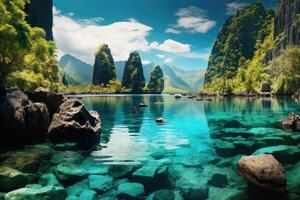 Beautiful mountain lake with rocky shoreline. . Philippines landscape. Water is crystal clear and mountains in background are majestic. Scene is serene and peaceful. photo