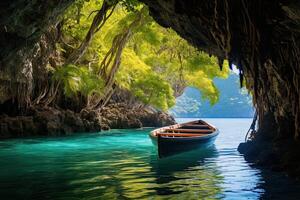 Nature of Jamaica. Boat is floating in a lake with trees in the background. Art. photo